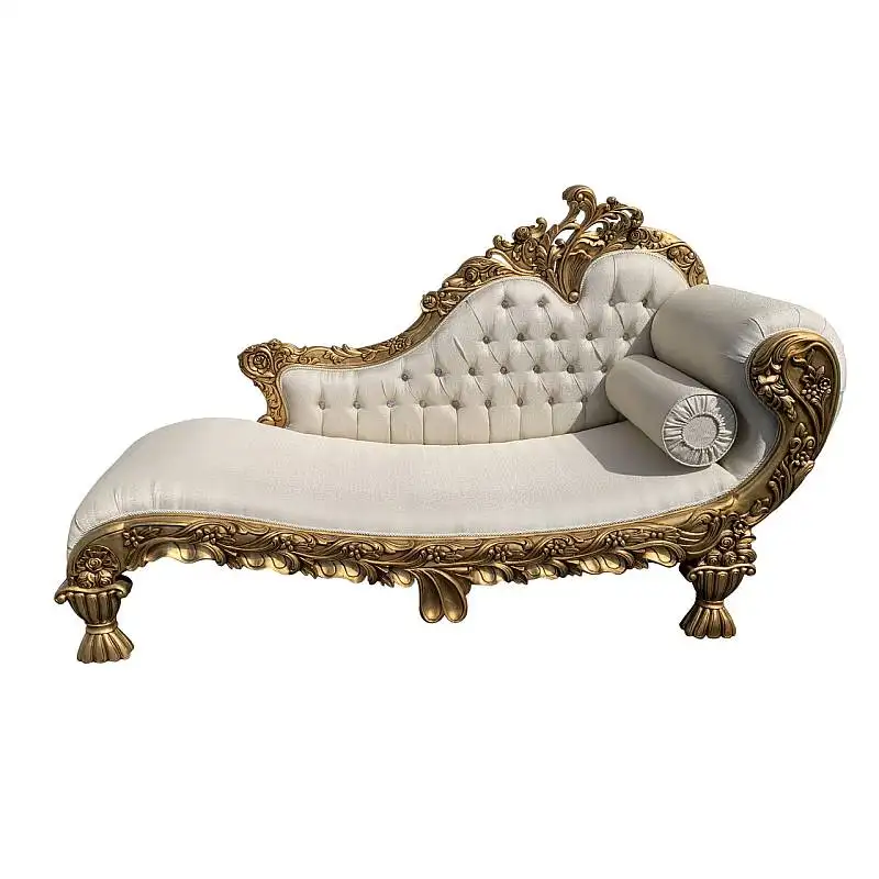 Luxury European Chaise Lounge Antique White Leather Gold Leaf Sofa Hand Carved Mahogany Solid Wood Living Room Furniture