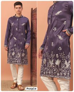 Kurta/Payjama pour homme en soie brodée et ornée de paillettes, séchage rapide, formel, pour les fêtes indiennes et pakistanaises, mariage, toutes saisons - Product Image 6