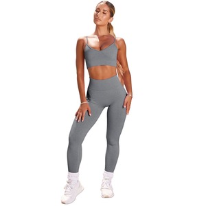 ชุดออกกำลังกายผู้หญิงแบบ 2 ชิ้น เสื้อกล้ามไร้ตะเข็บเอวกลาง ผ้ายืดสแปนเด็กซ์/ไนลอน เป็นมิตรต่อสิ่งแวดล้อม ระบายอากาศได้ดี แห้งเร็ว - Product Image 3