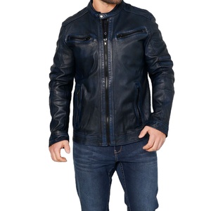 Célèbre marque hommes moto en cuir véritable veste agneau Nappa avec rayures col rond haute qualité fermeture éclair vêtements d'extérieur pour hommes - Product Image 1