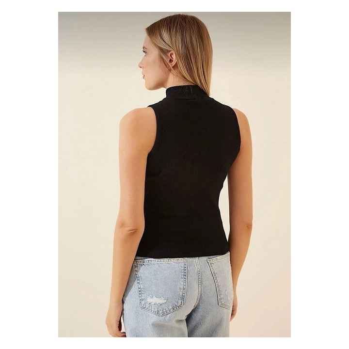 Women's Black Stand Collar Sleeveless Basic Ribbed Blouse
