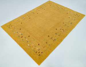 Alfombra Gabbeh de Lana Amarilla Mostaza Anudada a Mano 5x8, Decoración Rústica para el Hogar, Alfombra de Área para Piso, Diseño Acogedor para el Hogar - Product Image 1