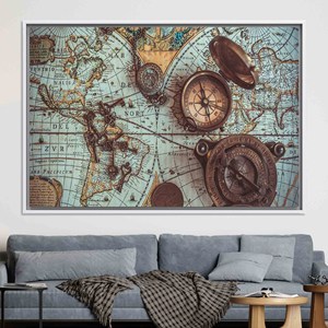 Impression sur toile de carte du monde antique : Art mural avec boussole en laiton, TOILE ENCADRÉE BLANCHE - Product Image 1