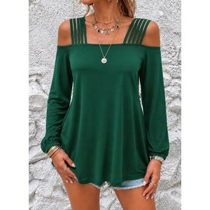 Chemise en viscose à manches longues pour femme avec détail rayé épaules dénudées, 38164 - Vert - Product Image 1
