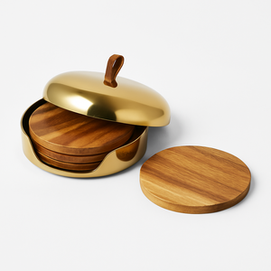 Wooden <b>Coaster</b> Set with <b>Gold</b> Finish Dome Lid Luxury Drink Pad for Home Office Hotel Gift Table Decor Heat Resistant Round Holder - Product Image 1