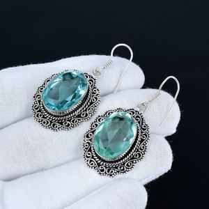 Boucles d'oreilles en pierre d'aigue-marine, argent sterling 925, boucles d'oreilles faites à la main, boucles d'oreilles statement, bijoux d'anniversaire, cadeau de fiançailles pour l'amour - Product Image 3