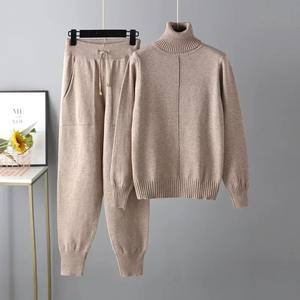 Nuevo Otoño Invierno suéter de cuello alto conjunto de dos piezas mujeres pantalones de punto trajes mujer moda Casual pulóver chándales - Product Image 6