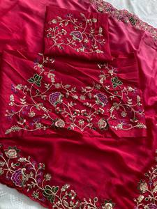 Thiết Kế Mới Màu Trắng Màu Xanh Lá Cây Fox Georgette Thêu <span class=keywords><strong>Saree</strong></span> Ruffle Phong Cách Sequin Làm Việc Wedding Party Ấn Độ Pakistan Nhanh Chóng Khô - Product Image 6