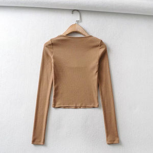 Venta al por mayor Tops para mujer Cuello cuadrado Camiseta sin mangas Básico Casual Color sólido Rib Knitted Top corto de manga larga - Product Image 3