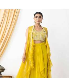 <b>Direct</b> India Manufacturer Traditional Three-Piece Embroidered Pleated Dhoti Blouse Kothi Set for Trendy Parties-Wholesale Retail - Product Image 5