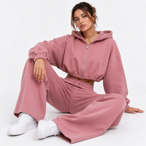ชุดเซ็ตวอร์มผู้หญิง ONE APEX สีชมพูอมเทา แบบครอป ซิปฮู้ดดี้ พรีเมียม เนื้อผ้าหนา 100% คอตตอน แห้งเร็ว กางเกงขายาวทรงกว้าง - Product Image 2