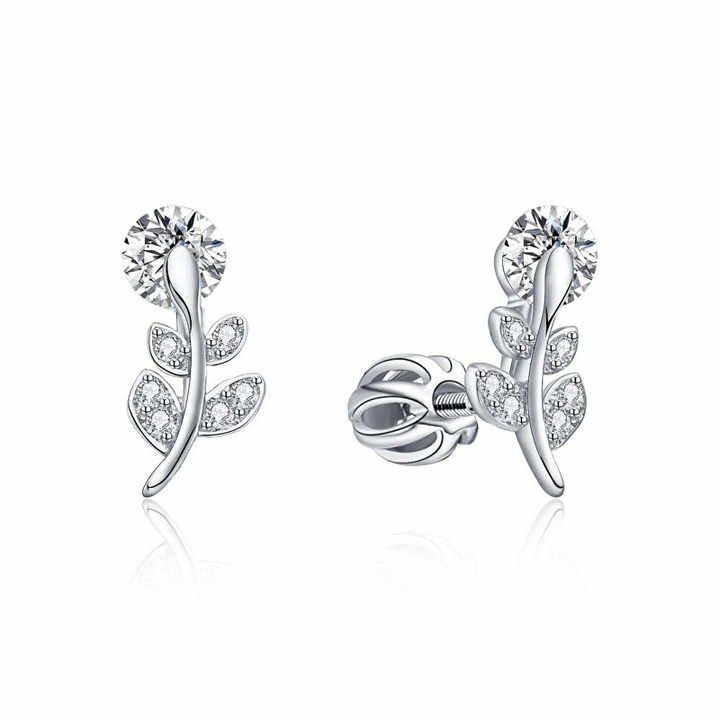 Silver Long Earrings Fine Stud with Zircon Flowers Model E0004417