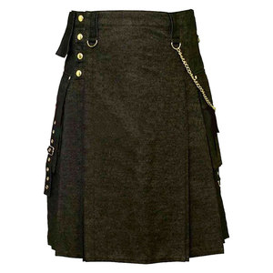 Kilt utilitaire en denim pour homme avec poches tactiques, quincaillerie dorée, style écossais, kilts 2026 - Product Image 1