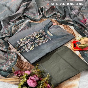 ผ้าไหมมัสลินสีแฟนซีนักออกแบบสไตล์โมเดิร์นคุณภาพเยี่ยมพร้อมพิมพ์และทำงานด้วยมือกางเกง kurti และ dupatta - Product Image 1