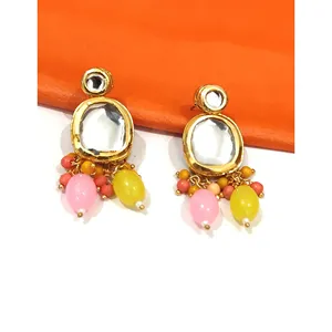 Ensemble de collier vintage jaune rose Kundan pour femmes, plaqué or, avec perles et diamants, pour cadeau de mariage, bijoux fins pour mariée - Product Image 5