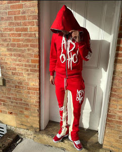 Ensemble de survêtement deux pièces en coton personnalisé pantalons de survêtement évasés empilés et sweats à capuche zippés unisexe pour hommes femmes survêtement imprimé bouffant - Product Image 1