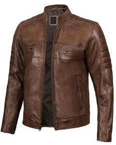 Blouson aviateur d'hiver en cuir coupe ajustée pour hommes avec col montant et fermeture éclair asymétrique pour motos avec logo à l'avant - Product Image 5