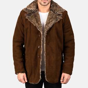 Abrigo de Cuero de Ante Marrón Furlong con Capucha, Gabardina con Relleno de Lana y Algodón, Tejido Genuino, Decoración de Botones, Nuevas Técnicas - Product Image 1