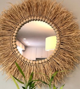 Handmade Round Shape Raffia Mirror With Unfinished Wood Bead, Gift, <b>Boho</b> Decor , <b>Wall</b> Art, <b>Wall</b> <b>Hanging</b> ,Home Decor - Product Image 1