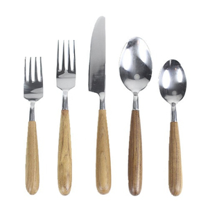 Juego de cubiertos de lujo de acero inoxidable dorado con mango de madera de acacia, elegantes cucharas y tenedores para servir, utensilios para el hogar y hoteles. - Product Image 4