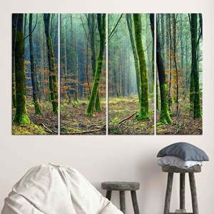 งานศิลปะบนผ้าใบพิมพ์ลาย: ภาพทิวทัศน์ป่าอันเงียบสงบพร้อมเอฟเฟกต์กระจกนิรภัย ชุดผ้าใบ 4 ชิ้น - Product Image 1