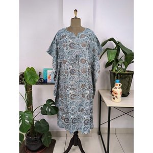 Indischer Handbedruckter Boho-Stil Kaftan-Kleid in Tiefem Stahlgrau Atmungsaktiver Leichter Swimsuit Cover-Up - Product Image 1
