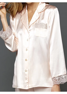 Ensemble de pyjama en satin pour femmes, personnalisé, été, longueur totale, imprimé floral élégant, luxe, bordure contrastée, respirant, taille élastique, ODM - Product Image 2