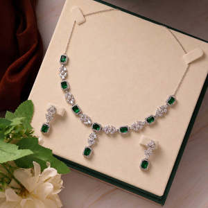 NOVAMART Fine Hallmark Silver Elegance <b>Green</b> Wedding & Engagement <b>Set</b> Emerald Cut Diamond <b>Jewellery</b> Wholesale Export - Product Image 1
