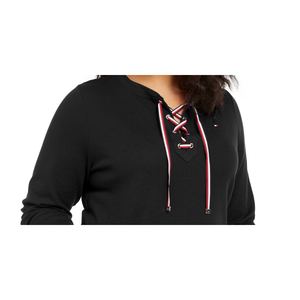 Top Casual da Donna Tommy Hilfiger in Maglia Waffle Stampata con Lacci e Decorazioni a Bottoni, Nero, Taglia 2X - Product Image 2