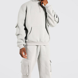 ชุดวอร์มผู้ชายผ้าฝ้าย 100% เสื้อฮู้ดซิป ¼ พร้อมกางเกงคาร์โก้ สำหรับวิ่ง ชุดวอร์มฤดูหนาว - Product Image 4