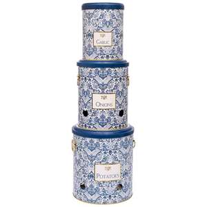 Juego de Cubo de Metal Triple para Patata, Cebolla y Ajo (3 Piezas) Patrón Decorativo Azul y Blanco Inspirado en Azulejo Diseño de Azulejos - Product Image 1