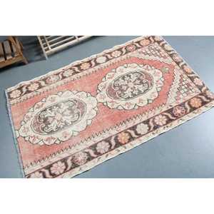 Vintage Rug, Small 2.9x4.8 ft Turkish Rug, <b>Red</b> White Striped <b>Wool</b> Rug - Product Image 2