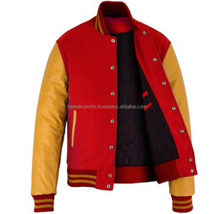2026 OEM Most Trending <b>Red</b> <b>Wool</b> With Golden Leather Sleeves Varsity Jacket For Men's High Quality Low MOQ Heated Winter Jackets - Product Image 3