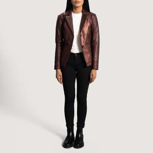 Ruby Knitted Leather Blazer with Single Button Closure and Embroidered Details - Product Image 4