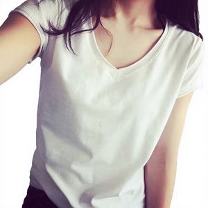 White Solid Women's Classic Casual Soft Spandex/Cotton Custom Logo V-neck Breathable Summer Short Sleeve <b>T</b>-<b>Shirt</b> - Product Image 1