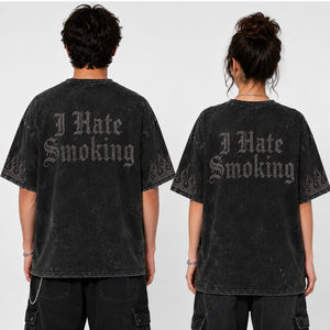 T-shirt en coton noir surdimensionné pour homme avec imprimé homme fumeur en strass et motif « J'ai horreur de fumer » au dos, col rond, manches courtes - Product Image 5