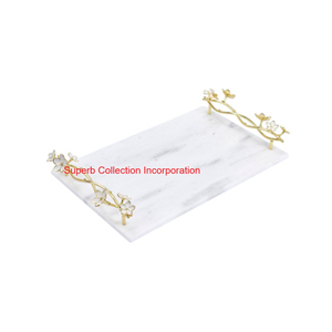 Bandeja de servicio de mármol blanco moderno con elegantes asas de diseño de rosa dorada bandeja de piedra Rectangular decorativa hecha a mano para decoración del hogar - Product Image 5