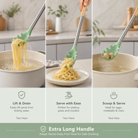 Serveur à pâtes en silicone et acier inoxydable avec manche en bois extra long, style Japandi esthétique, anti-adhésif