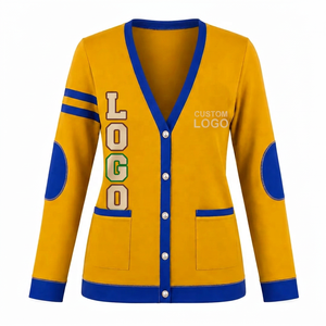 Cárdigan de Punto Acrílico Transpirable con Logotipo Personalizado, Cuello en V, Doble Botonadura, Estilo Preppy, Color Azul y Rojo en Contraste, Manga Larga para Mujer - Product Image 1