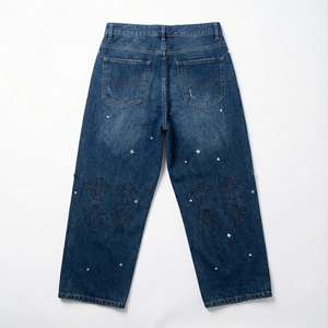 Pantalones Vaqueros de Mezclilla de Peso Medio para Hombre, Lavado Ácido Vintage Personalizado, con Cristales de Imitación, Estilo Desgastado, Holgados, Estilo Urbano, con Botones Altos - Product Image 3