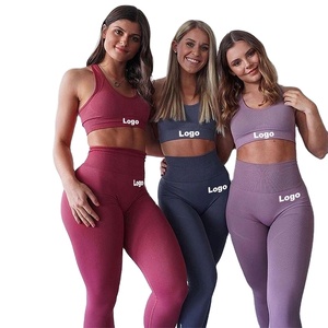 2024 femmes marque privée doux sans couture gymnastique entraînement tenue ensemble 2 pièces côtelé Yoga Fitness taille élastique extensible sans couture Yoga - Product Image 1