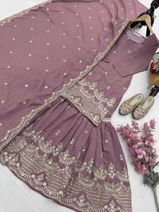 Último diseñador pesado bordado hilo trabajo Faux Georgette Dupatta indio pakistaní Palazzo traje hecho de seda para fiestas - Product Image 2