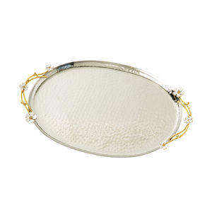 Plateau de service rectangulaire moderne en acier inoxydable avec des poignées uniques en forme de feuille de champignon dorée à prix avantageux - Product Image 2