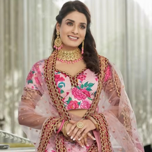 Elegante arte seda Lehenga con borde de encaje pesado Dori lentejuelas piedra rosa claro Floral impresión Digital para boda gran estilo - Product Image 1