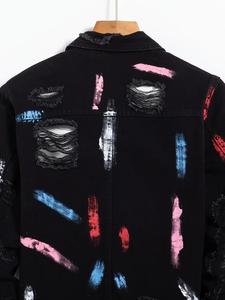 Veste en jean déchiré d'hiver pour hommes Col montant avec logo sur le devant High Street Casual Fashion Outerwear - Product Image 5