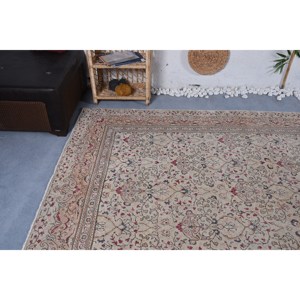 Vintage Turkish Rug Classic Beige <b>Red</b> 6.4 X 9.3ft Large Area Patchwork <b>Wool</b> with Latex Backing for Hallway or Bedroom - Product Image 5
