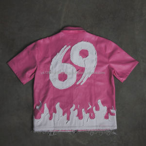 Venta caliente apliques bordado parche Streetwear manga corta Zip Up camisa de cuero para hombres Boxy Fit High Street Style camisetas - Product Image 3