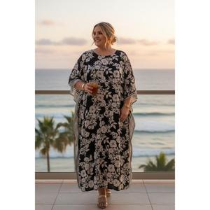 Robe maxi longue en kaftan à fleurs de couleur personnalisée pour femmes, coupe ample, élégante et naturelle, pour la plage, les vacances et les séjours en station balnéaire - Product Image 1