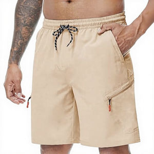 Men's Beige Quick Dry Bermuda <b>Shorts</b> With Zip Pockets Drawstring Waist Casual Style - Product Image 1