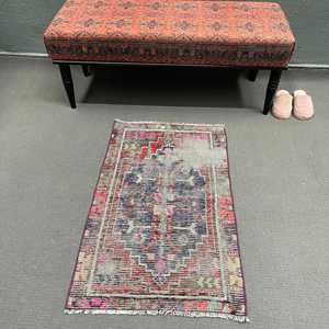 Vintage Rug, Small 2x3.3 ft Turkish Rug, <b>Red</b> Floral <b>Wool</b> Rug - Product Image 1